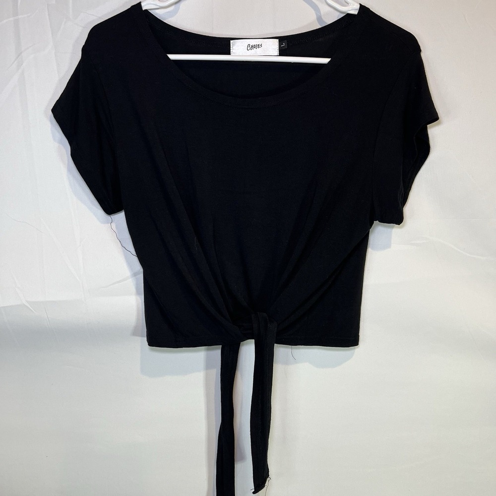 Choles Women's Black Ultra Soft‎ Wrap Tie Short Sleeve Crop Workout Top Large
